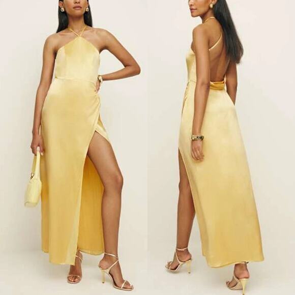 Reformation Myla Silk Sunshine Yellow Halter Maxi Dress 8 NEW Sleeveless Slit